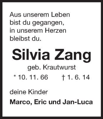 Traueranzeige von Silvia Zang von Odenwälder Echo