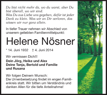 Traueranzeige von Helene Nösner von Rüsselsheimer Echo, Groß-Gerauer-Echo, Ried Echo
