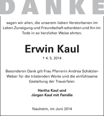 Traueranzeige von Erwin Kaul von Rüsselsheimer Echo, Groß-Gerauer-Echo, Ried Echo