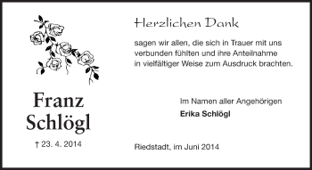 Traueranzeige von Franz Schlögl von Rüsselsheimer Echo, Groß-Gerauer-Echo, Ried Echo