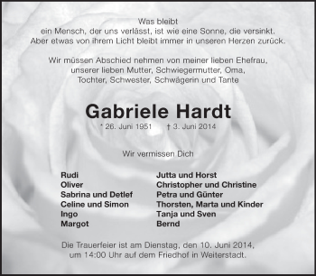 Traueranzeige von Gabriele Hardt von Echo-Zeitungen (Gesamtausgabe)