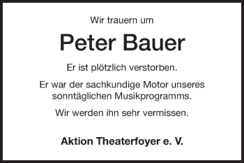 Traueranzeige von Peter Bauer von Echo-Zeitungen (Gesamtausgabe)