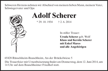 Traueranzeige von Adolf Scherer von Rüsselsheimer Echo, Groß-Gerauer-Echo, Ried Echo