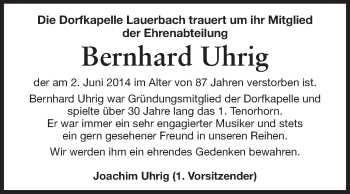 Traueranzeige von Bernhard Uhrig von Odenwälder Echo