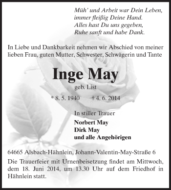 Traueranzeige von Inge May von Echo-Zeitungen (Gesamtausgabe)