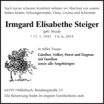 Traueranzeige von Irmgard Elisabeth Steiger von Echo-Zeitungen (Gesamtausgabe)