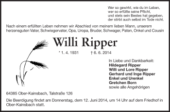 Traueranzeige von Willi Ripper von Odenwälder Echo