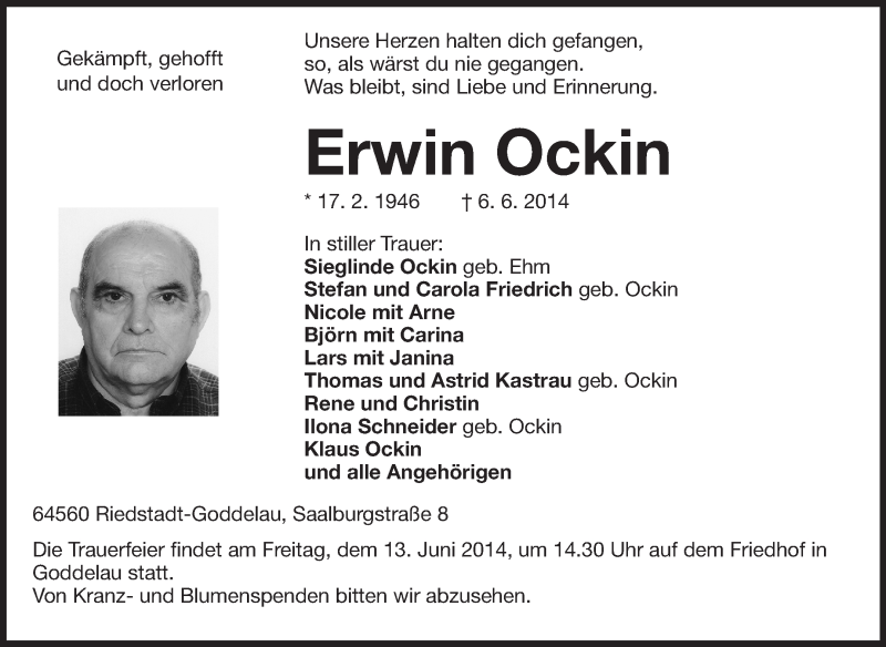  Traueranzeige für Erwin Ockin vom 10.06.2014 aus Rüsselsheimer Echo, Groß-Gerauer-Echo, Ried Echo