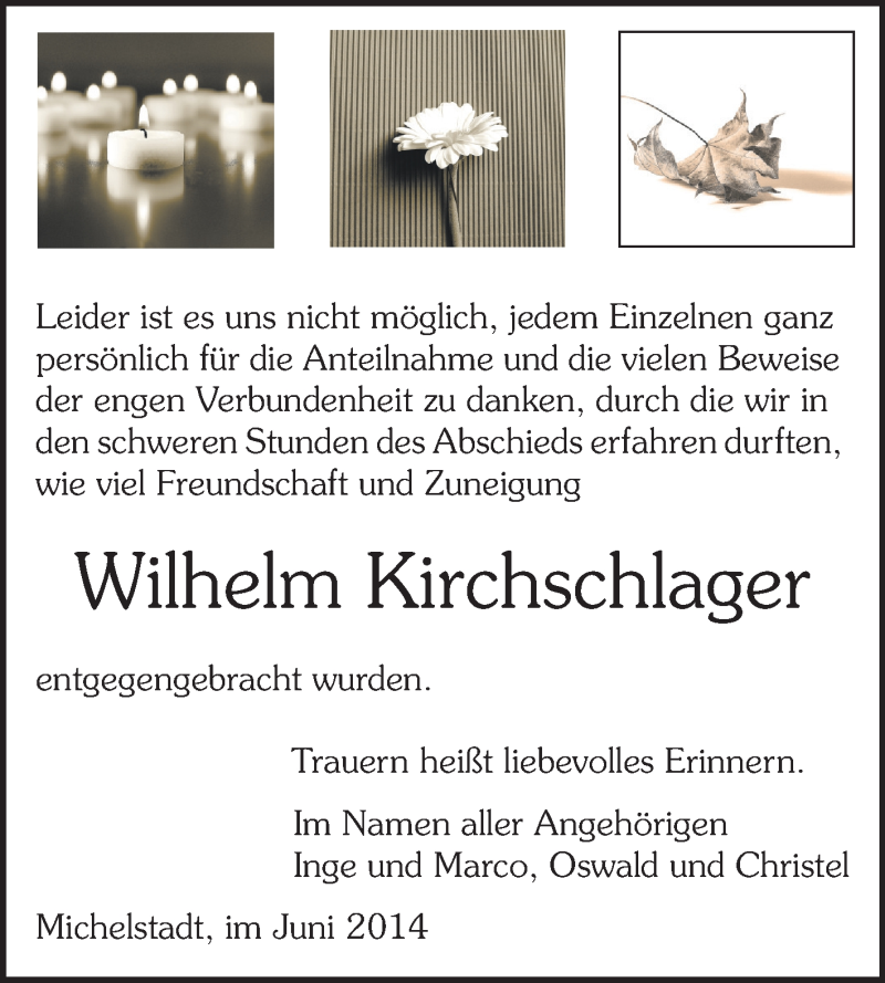  Traueranzeige für Wilhelm Kirchschlager vom 14.06.2014 aus Odenwälder Echo