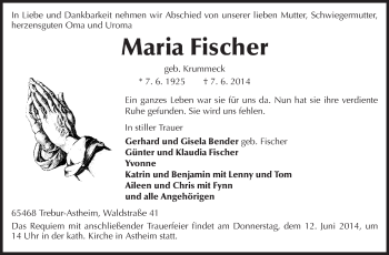 Traueranzeige von Maria Fischer von Rüsselsheimer Echo, Groß-Gerauer-Echo, Ried Echo