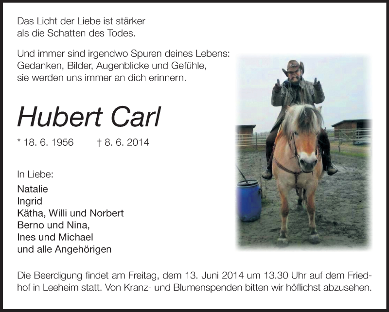 Traueranzeige für Hubert Carl vom 11.06.2014 aus Echo-Zeitungen (Gesamtausgabe)