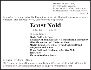 Traueranzeige von Ernst Nold von Rüsselsheimer Echo, Groß-Gerauer-Echo, Ried Echo