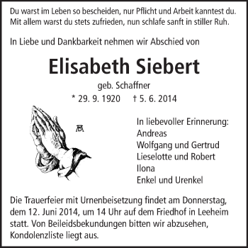 Traueranzeige von Elisabeth Siebert von Rüsselsheimer Echo, Groß-Gerauer-Echo, Ried Echo