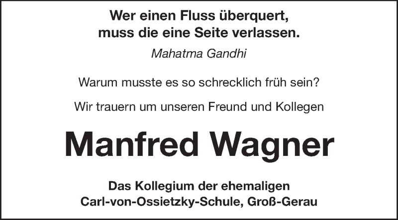  Traueranzeige für Manfred Wagner vom 14.06.2014 aus Rüsselsheimer Echo, Groß-Gerauer-Echo, Ried Echo