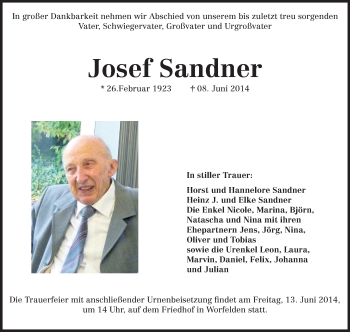 Traueranzeige von Josef Sandner von Rüsselsheimer Echo, Groß-Gerauer-Echo, Ried Echo