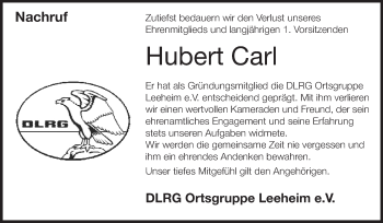 Traueranzeige von Hubert Carl von Rüsselsheimer Echo, Groß-Gerauer-Echo, Ried Echo
