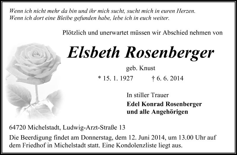  Traueranzeige für Elsbeth Rosenberger vom 11.06.2014 aus Odenwälder Echo