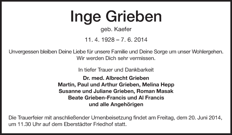  Traueranzeige für Inge Grieben vom 14.06.2014 aus Echo-Zeitungen (Gesamtausgabe)
