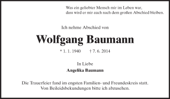 Traueranzeige von Wolfgang Baumann von Echo-Zeitungen (Gesamtausgabe)