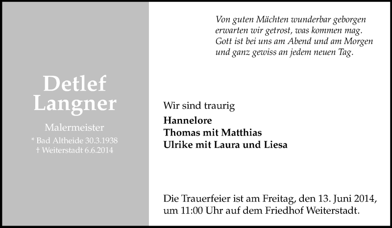  Traueranzeige für Detlef Langner vom 11.06.2014 aus Echo-Zeitungen (Gesamtausgabe)