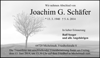 Traueranzeige von Joachim G. Schäfer von Odenwälder Echo