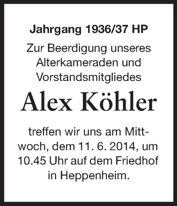 Traueranzeige von Alex Köhler von Starkenburger Echo