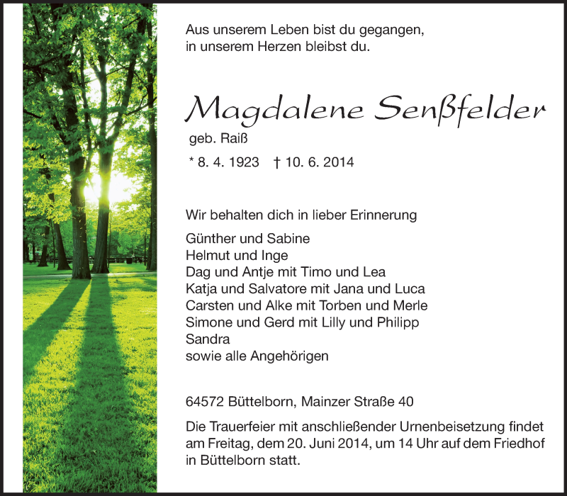  Traueranzeige für Magdalene Senßfelder vom 17.06.2014 aus Rüsselsheimer Echo, Groß-Gerauer-Echo, Ried Echo