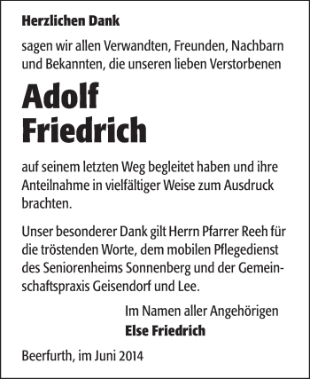 Traueranzeige von Adolf Friedrich von Echo-Zeitungen (Gesamtausgabe)