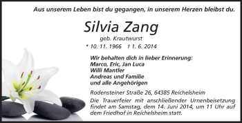 Traueranzeige von Silvia Zang von Odenwälder Echo