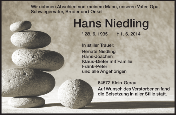 Traueranzeige von Hans Niedling von Rüsselsheimer Echo, Groß-Gerauer-Echo, Ried Echo