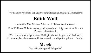 Traueranzeige von Edith Wolf von Echo-Zeitungen (Gesamtausgabe)