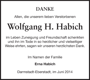 Traueranzeige von Wolfgang H. Habich von Echo-Zeitungen (Gesamtausgabe)