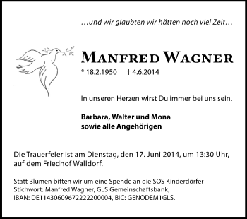 Traueranzeige von Manfred Wagner von Rüsselsheimer Echo, Groß-Gerauer-Echo, Ried Echo