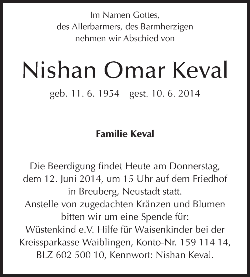  Traueranzeige für Nishan Omar Keval vom 12.06.2014 aus Odenwälder Echo
