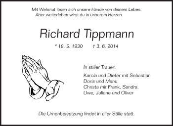 Traueranzeige von Richard Tippmann von Rüsselsheimer Echo, Groß-Gerauer-Echo, Ried Echo