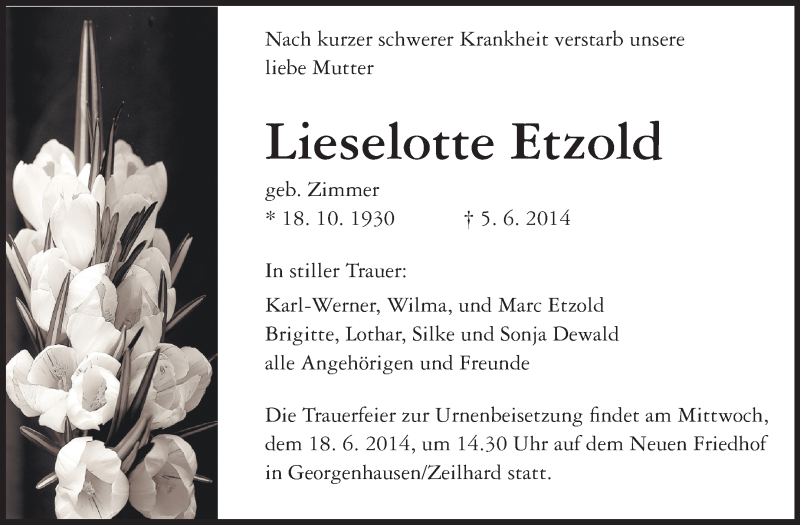  Traueranzeige für Lieselotte Etzold vom 14.06.2014 aus Echo-Zeitungen (Gesamtausgabe)