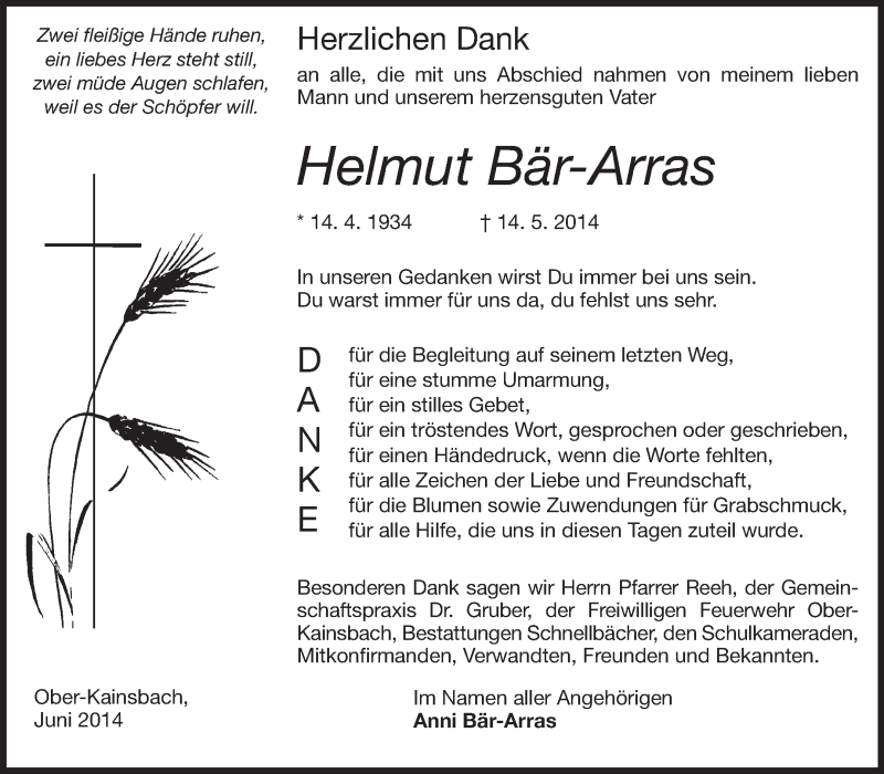  Traueranzeige für Helmut Bär-Arras vom 14.06.2014 aus Echo-Zeitungen (Gesamtausgabe)