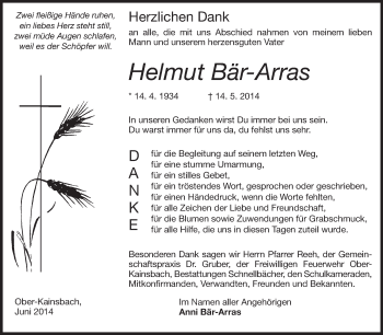 Traueranzeige von Helmut Bär-Arras von Echo-Zeitungen (Gesamtausgabe)