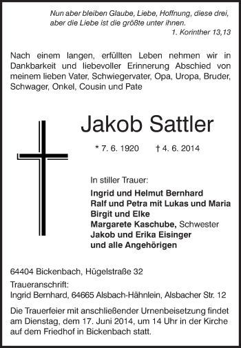 Traueranzeige von Jakob Sattler von Echo-Zeitungen (Gesamtausgabe)