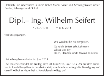 Traueranzeige von Wilhelm Seifert von Odenwälder Echo