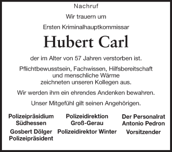 Traueranzeige von Hubert Carl von Echo-Zeitungen (Gesamtausgabe)