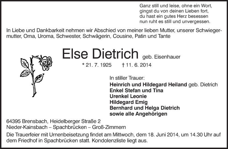  Traueranzeige für Else Dietrich vom 14.06.2014 aus Echo-Zeitungen (Gesamtausgabe)