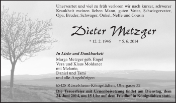 Traueranzeige von Dieter Metzger von Rüsselsheimer Echo, Groß-Gerauer-Echo, Ried Echo