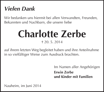 Traueranzeige von Charlotte Zerbe von Rüsselsheimer Echo, Groß-Gerauer-Echo, Ried Echo