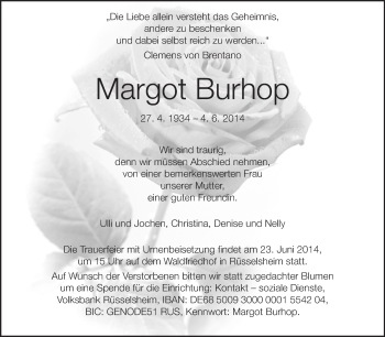 Traueranzeige von Margot Burhop von Rüsselsheimer Echo, Groß-Gerauer-Echo, Ried Echo