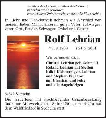 Traueranzeige von Rolf Lehrian von Echo-Zeitungen (Gesamtausgabe)