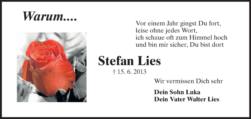  Traueranzeige für Stefan Lies vom 14.06.2014 aus Starkenburger Echo