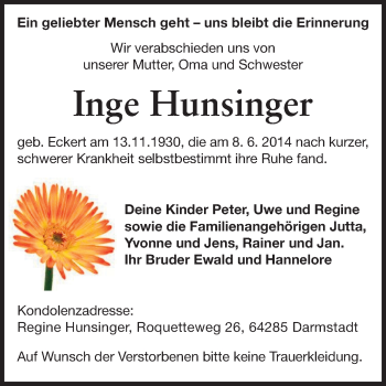 Traueranzeige von Inge Hunsinger von Echo-Zeitungen (Gesamtausgabe)