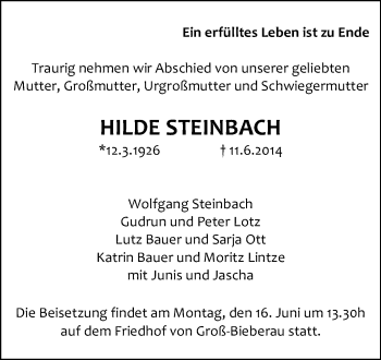 Traueranzeige von Hilde Steinbach von Echo-Zeitungen (Gesamtausgabe)