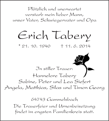 Traueranzeige von Erich Tabery von Echo-Zeitungen (Gesamtausgabe)